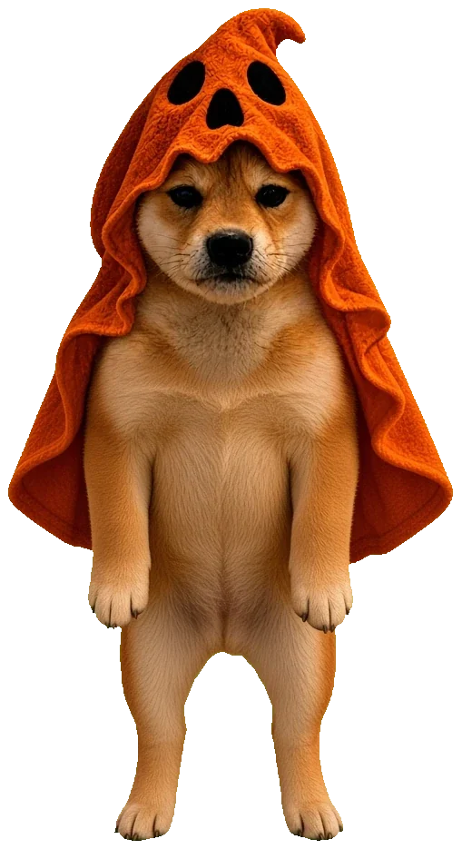 Halloween Inu standing in pumpkin hood